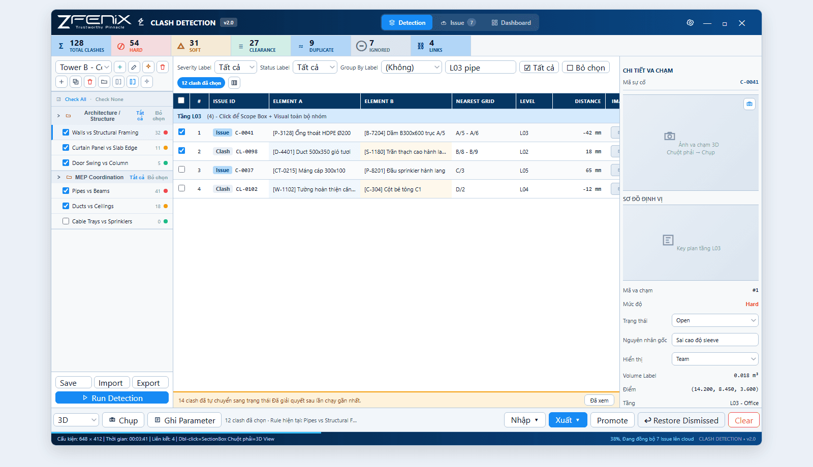 Giao diện Clash Detection của ZFENIX Revit Add-in